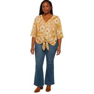 Bluetime Floral V-Neck Tie-Front Blouse boho hippie flower power large retro